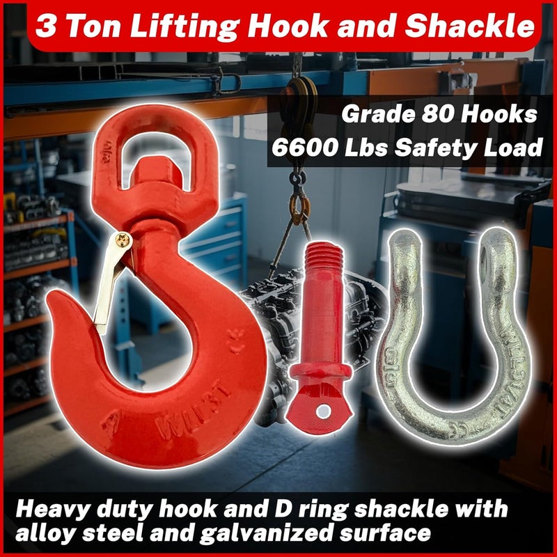 HENBOW 3 Ton Swivel Lifting Hooks and D Ring Shackles,G80 Chain Hooks with 5/8" Shackle,6600Lbs Safety Load Limit,Heavy Duty Alloy Steel Shackle,Round Rotating Swivel Snap Hook - Image 2